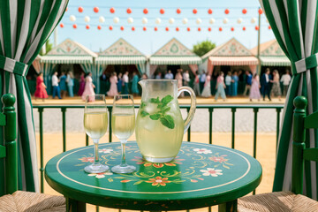 Refreshing pitcher of rebujito with two glasses on a traditional green table inside a caseta at the Seville April Fair, with festive background.
