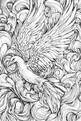 Obraz premium Phoenix Rising From Swirling Ashes, coloring book style, vector illustration art