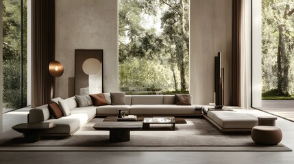 Modern sectional sofa arrangement in a light-filled living area.