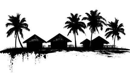 Row Of Huts On Sandy Beach, vector illustration art