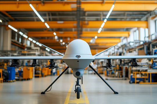 Unmanned aerial vehicle in factory hangar ready for flight testing