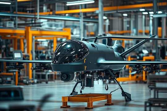 Military drone in factory assembly line high tech manufacturing production