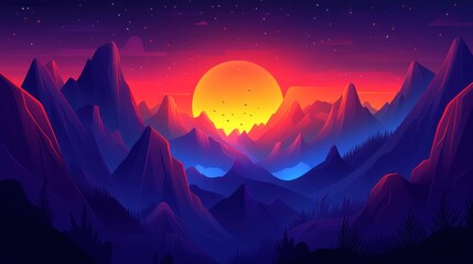 Pixelated sunset view over mountain ranges nostalgic videogame s