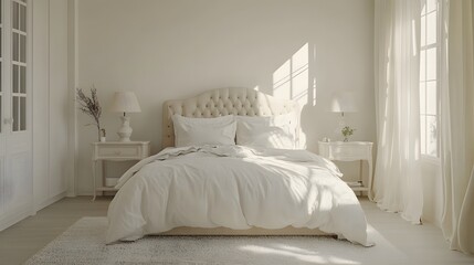 A sunlit bedroom with a light beige headboard.