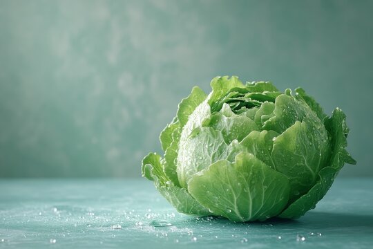 Fresh Green Butterhead Lettuce Head with Water Droplets on Teal Background