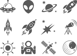 Space exploration icons vector illustration set alien astronaut planet rocket