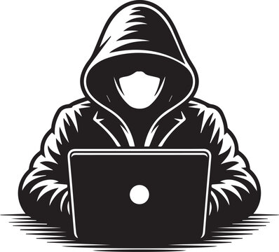 Anonymous hacker in hoodie using laptop black and white vector illustration