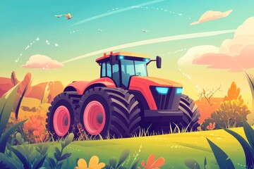 Obraz premium Red tractor in a field at sunset.