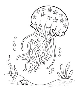 recommend clip art: Cute jellyfish in ocean water black line art vector for kids coloring pages