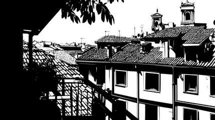 Naklejka premium Viewpoint Overlooking Tiled Rooftops, vector illustration art