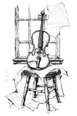 Violin On Stool With Torn Sheet, coloring book style, vector illustration art