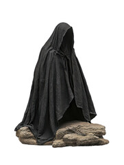 A mysterious cloaked figure stands on a rocky base, enveloped in deep shadows, evoking a sense of intrigue and darkness.