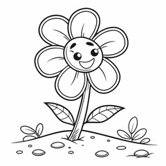 Happy Flower In Garden Coloring Page For Kids	
