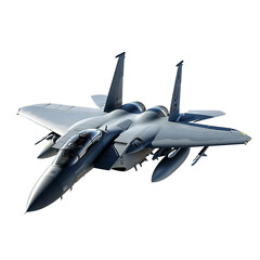 A high-flying F-15 Eagle jet plane, showcasing its aerial prowess and military might. The aircraft appears sleek and aerodynamic, soaring against a pristine backdrop.