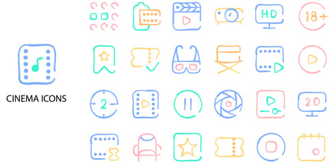 Cinema 24 Flat icons collection. Included Film reel, Cinema auditorium with screen, Online play video, camera, Retro tv, Director movie chair, Play Video and Smart Tv icon. Vector illustration.