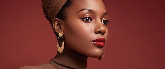 Elegant African Woman Profile Portrait. isolated in mocha mousse color background