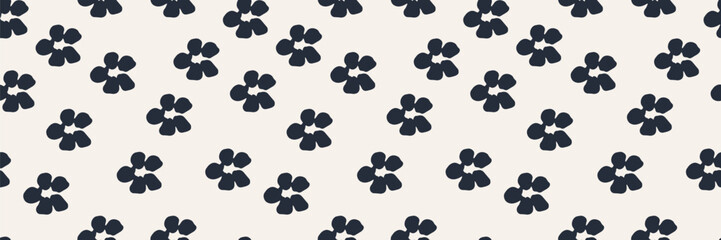 Fototapeta premium Seamless floral pattern with black silhouettes of flowers and leaves on a white background. Elegant botanical design for fabric, wallpaper, packaging, digital projects. Modern monochrome illustration