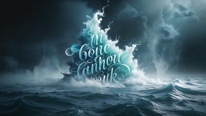 Dramatic ocean scene featuring stylized lettering and a turbulent sea under stormy skies.