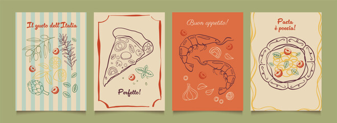 Italian food posters design. Trendy hand drawn art.  Mediterranean eat. Retro vector illustration of pasta,pizza,shrimp,olive, tomato, lemon etc. Graphic  for  interior, restaurant, menu.