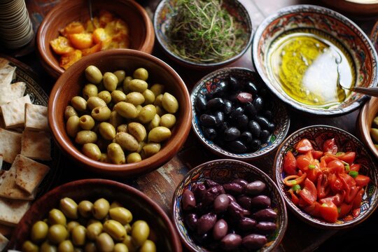 Assortment of fresh olives, tomatoes, and olive oil, a vibrant Mediterranean display.