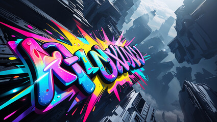 Dynamic graffiti artwork in a futuristic city setting depicting the word flowing