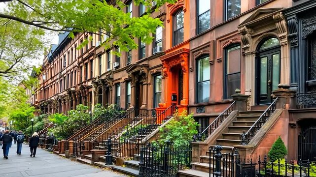 New York City brownstones with pedestrians.