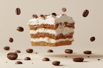 Fototapeta premium Delicious tiramisu cake floating with coffee beans on beige background