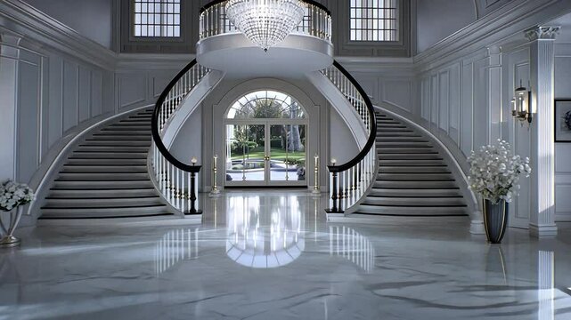 Grand, white mansion foyer with double staircase.