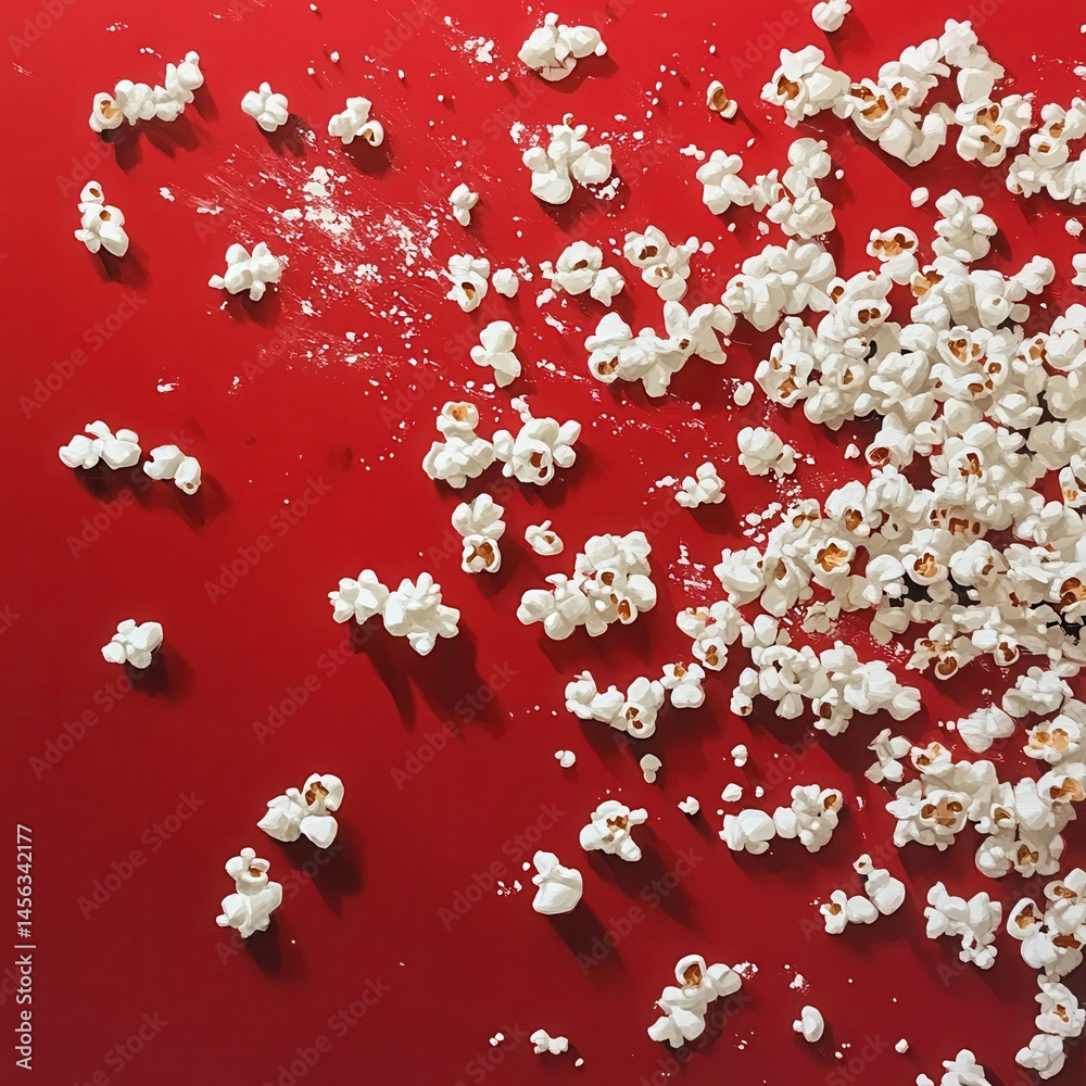 Poster popcorn explosion: a burst of fluffy kernels scattered across a vibrant red background. light and ai