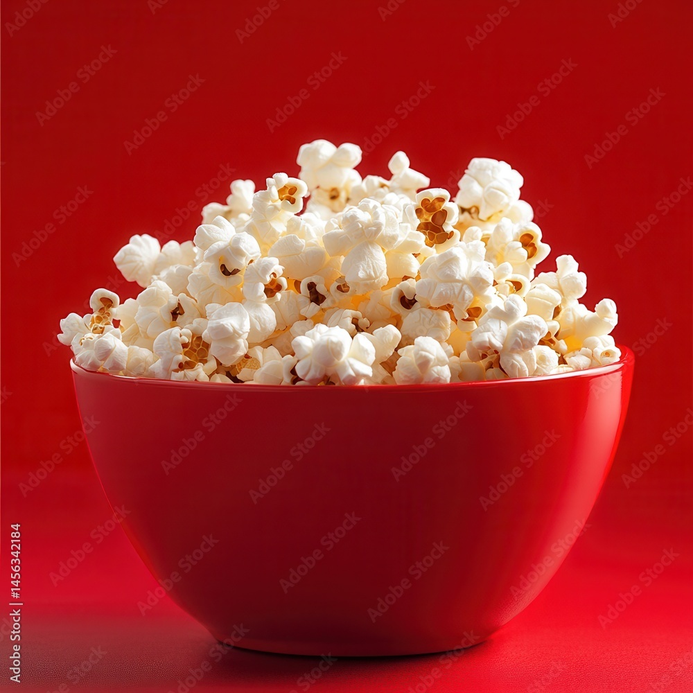 Aufkleber a red bowl filled with delicious fluffy popcorn, illuminated against a solid red backdrop. perfect f