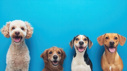Four happy dogs pose against a vibrant blue background, showcasing a variety of breeds and their cheerful expressions.