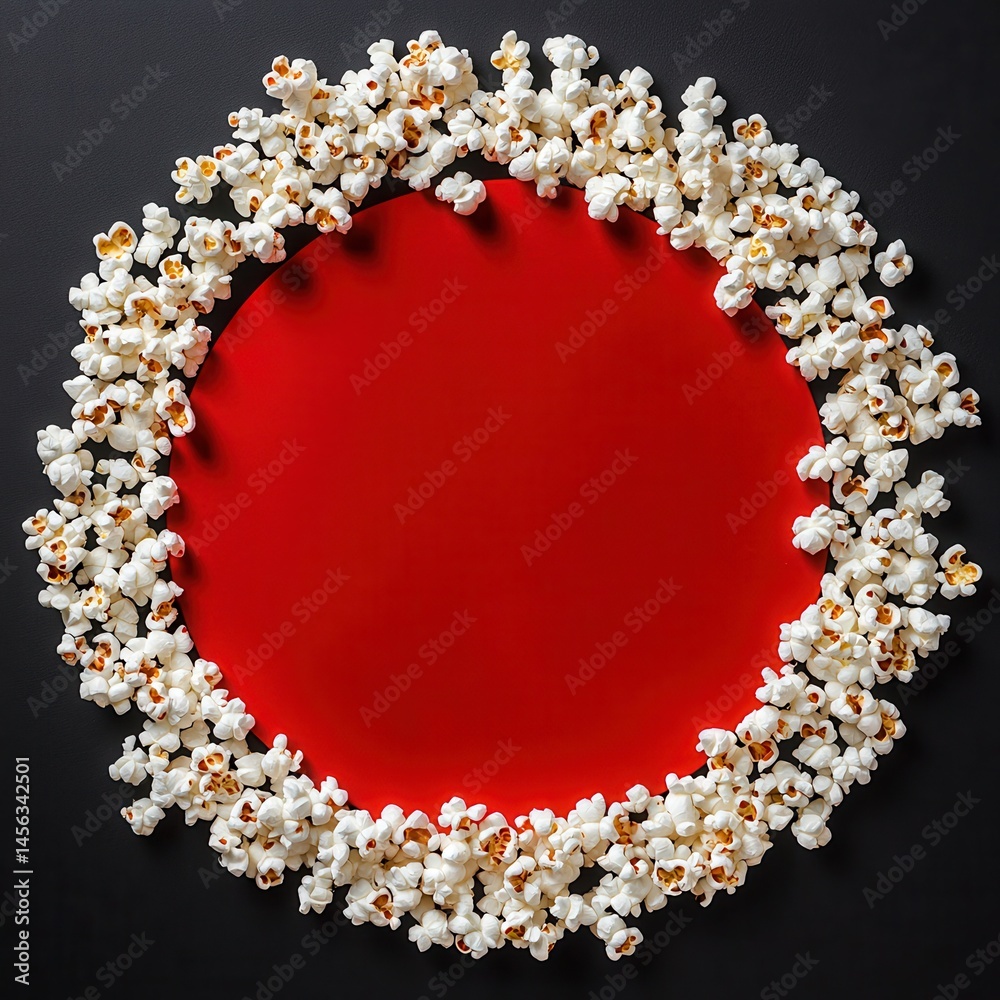 Poster Popcorn circle around a vibrant red center against a dark backdrop, creating a visually appealing snack-themed composition.