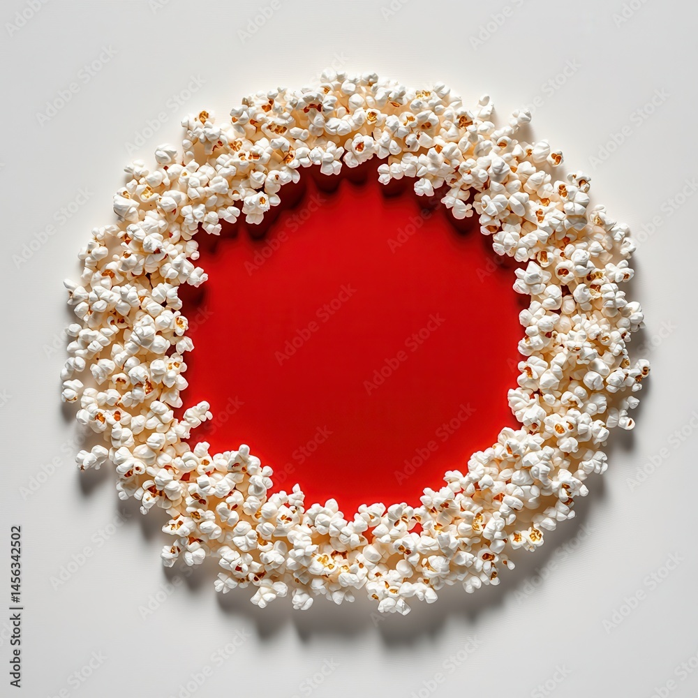 Poster ring of popcorn: a circular arrangement of fluffy, buttered popcorn frames a vibrant red center, cre