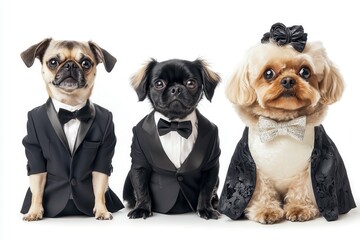 Fototapeta premium Elegant trio: Three dogs dressed in formal wear, complete with tuxedos and bow ties, against a clean white background.