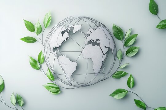 Earth globe wrapped in foliage, symbolizing environmental conservation and sustainability. The globe represents the planet and global unity.