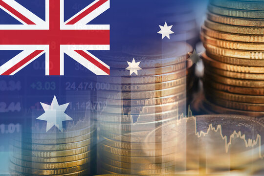 Australia flag with stock market finance, economy trend graph digital technology.