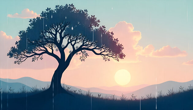 Stylized abstract illustration symbolizing mindfulness and connection with nature in silhouette Connection to Nature,