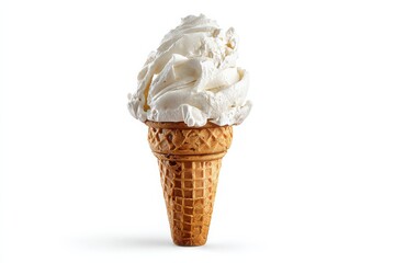 A tempting scoop of creamy vanilla ice cream in a crispy waffle cone against white.