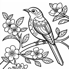Obraz premium Bird On Branch And Flowers Line Art For Coloring 