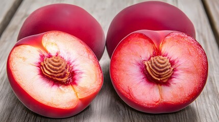 Juicy Nectarines Halved on Rustic Wood Background