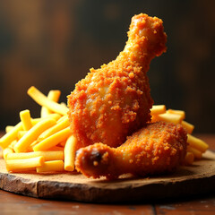 Crispy fried chicken served with golden fries, shredded cheese, and ketchup on wooden table
