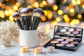 Makeup brushes and eyeshadow palette arranged on a marble surface, with festive background.  A collection of makeup brushes in a white ceramic holder sits beside a compact eyeshadow palette 