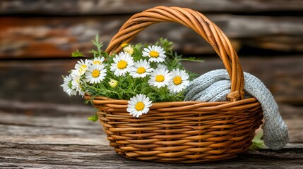 Rustic Wooden Background Daisies in Wicker Basket