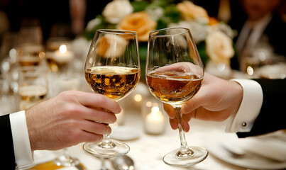 Two Hands Toasting with Golden Yellow Wine Glasses at Elegant Dinner