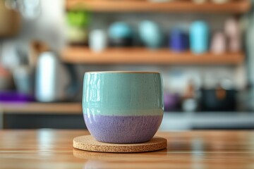 Muted-toned ceramic mug resting on a cork coaster.