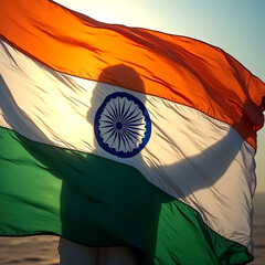 A person holding the Indian flag against a vibrant sunlight sky in a serene outdoor location. celebrating independence day of india.