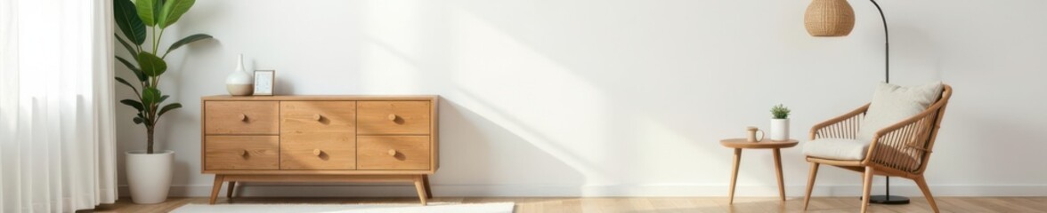 Brown wooden commode, armchair, & small home decor accent a stylish living room White wall provides ample copy space for poster mockup , house, interior