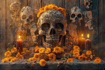 Ornate sugar skull adorned with marigolds, flanked by human skulls and candles, creating a Day of the Dead altar scene.