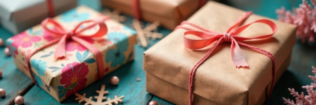 Craft paper parcels, twine tied, gift box style , grey background, thread