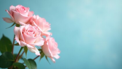 Delicate blush roses, soft blue backdrop, serene light , soft blue background, roses